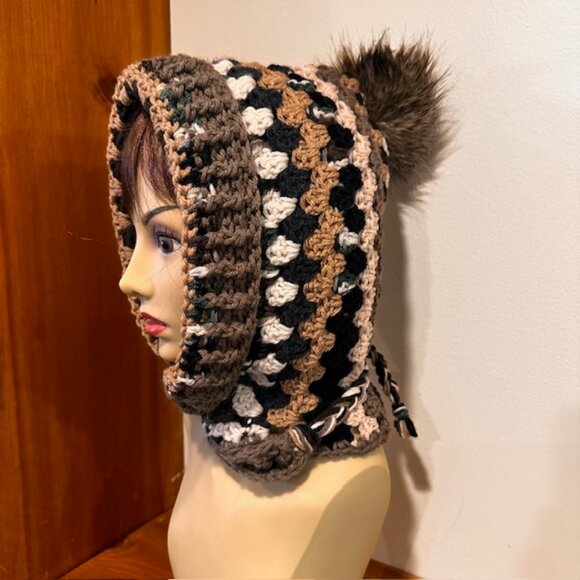 Hand Knit / Crochet Granny Style Hoodie with ties & faux fur pom pom for winte - Picture 10 of 10